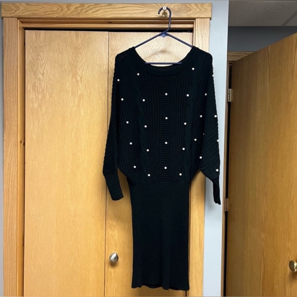Elegant Black Sweater Dress with Pearl Accents